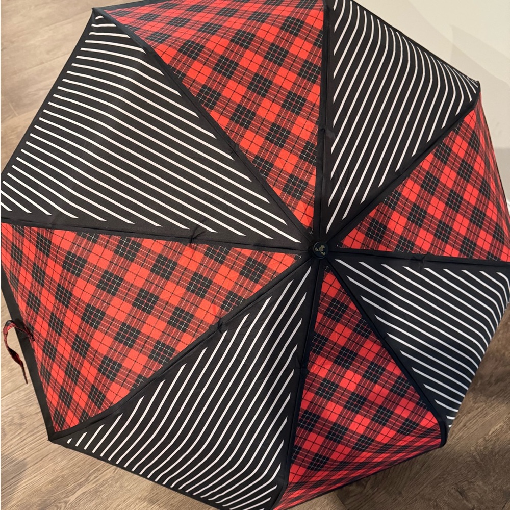 MacKenzie-Childs Red Plaid and Black Stripe Umbrella